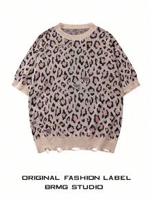 Modcrash Blusa de punto de cuello redondo de corte holgado y estampado de leopardo, para primavera/verano, unisex - Albaricoque - Ver 3