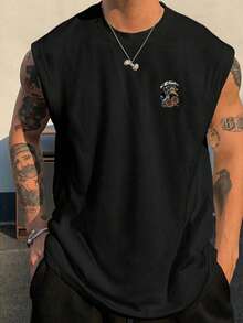 男士夏季标语与花卉印花圆领无袖背心 - 黑色 - 查看 2