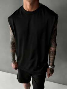 Men's Fashionable Versatile Bear Print Drop Shoulder Tank Top, Summer - Black - View 2