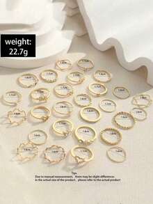 28pcs Minimalist Rhinestone Heart & Wave Design Gold Tone Knuckle Rings Set, Suitable For Daily And Holiday Wear - Gold - View 2