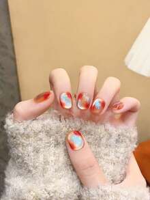 10片手工制作美甲贴片，秋冬美甲，圆形美甲，秋季美甲，按压式美甲，短款按压式美甲，假指甲，短款美甲，亚克力按压式美甲，手工制作，可拆卸可重复使用 - 彩色 - 查看 6