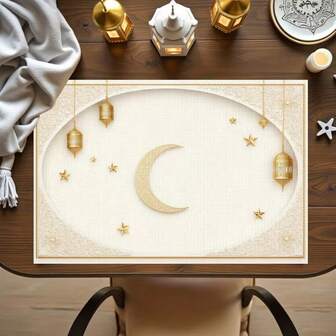 Ramazan temalı 4 parçalık masa örtüsü seti, hilal ve fener motifleriyle süslenmiş, yıldızlarla bezeli sade bej bir tasarıma sahiptir. Toplantılar, yemekler ve bayram dekorasyonları için uygundur. Boyutları 30x45 santimetredir. Ev dekorasyonu, bayram sofrası dekorasyonu, kırsal bayram dekorasyonu, kırsal tarz için idealdir. Yıkanabilir, dayanıklı malzemelerden üretilmiştir. Ramazan için ideal bir seçimdir.