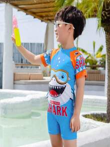 Cartoon Shark Print Round Neck Short Sleeve Casual Romper Shorts For Young Boys