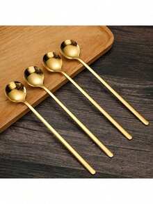 4pcs Coffee Espresso Spoon, Stainless Steel Stirring Spoon, Tea Spoon, Long Handle Iced Tea Spoon, Flatware - Stainless Steel Gold Round Small Spoons, Household Tea Spoon, Dessert Spoon, Long Handle Mixing Spoon, Wedding Favor