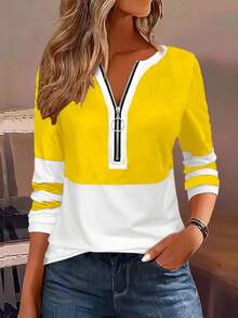 [Elegant Tee] Stylish Black And White Long Sleeve-Shirt |   Women's Color Block Tee With Zipper Detail - Casual Yet Elegant, Spring And Fall - 白色 - 查看 10