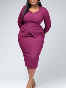 Elegant 2 In 1 Mid-Length Dress, Fitted Silhouette, Suitable For Workplace, Afternoon Tea, Church, Formal Occasions. Solid Color, Faux Pocket Design, Square Neckline, Comfortable Fabric, Versatile For Spring, Summer, Autumn, Office, Daily Wear, Dates, Birthdays, Parties - Red Violet - View 2