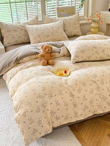 4pcs/Set New Floral, Striped, Plaid, Solid Color Print Reversible Bedding Set For Dorm, Includes 1pc Duvet Cover, 1pc Fitted Sheet, 2pcs Pillowcases, Soft Brushed Microfiber, No Fluorescent Agent, Cute Bear & Bow Decor For Students - Manman Bear - View 5