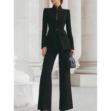 Long-Sleeved Solid Color Pocket One-Button Small Suit + Long Suit Pants Two-Piece Set - 黑色 - 查看 3