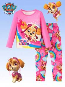 2pcs Paw Patrol Girls Set, Children Pajamas Home Wear, Cute Dog Cartoon Print Round Neck Long Sleeve T-Shirt And Pants, Suitable For Daily, Casual, Holiday, Christmas Gift - Hot Pink - View 1
