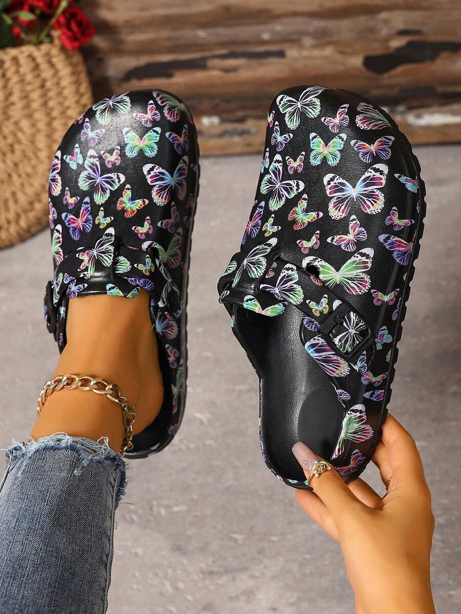 Fashionable Summer Women Hollow Sandals, Colorful Butterfly Pattern, With Comfortable Thick Soles - Lightweight, Chic All-Weather Wear Style, Easy Slip-On Garden Shoes With Soft Insoles And Adjustable Straps, Suitable For Daily, Work Or Leisure Activities. - 彩色 - 查看 1