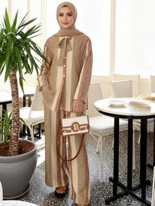 2pcs Ramadan Outfit Set, Bow Tie Front Elegant Striped Simple Suit For Women, Including Blouse And Regular Pants, Casual Bohemian Style - Yellow - View 6