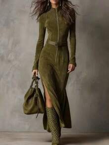 Women'S Elegant Full-Zip Collared  Dress - European & American Style Fall Winter Warmth, Round Neck Long Sleeve Full-Length Zipper Front, Solid Brown/Navy, Tailored Fit For Casual To Formal Events, Office & Party Outfits - Versatile All-Season,Ideal Gifts For Halloween And Christmas - 軍綠色 - 查看 3