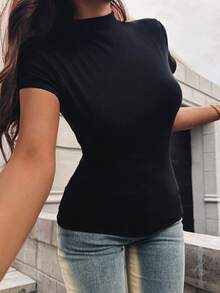 Áo thun Raglan cổ chữ V kẻ sọc độc đáo và thời trang dành cho nữ VIBEWAVE, Áo thun xếp lớp dáng ôm mới 2026 - màu đen - Xem 1