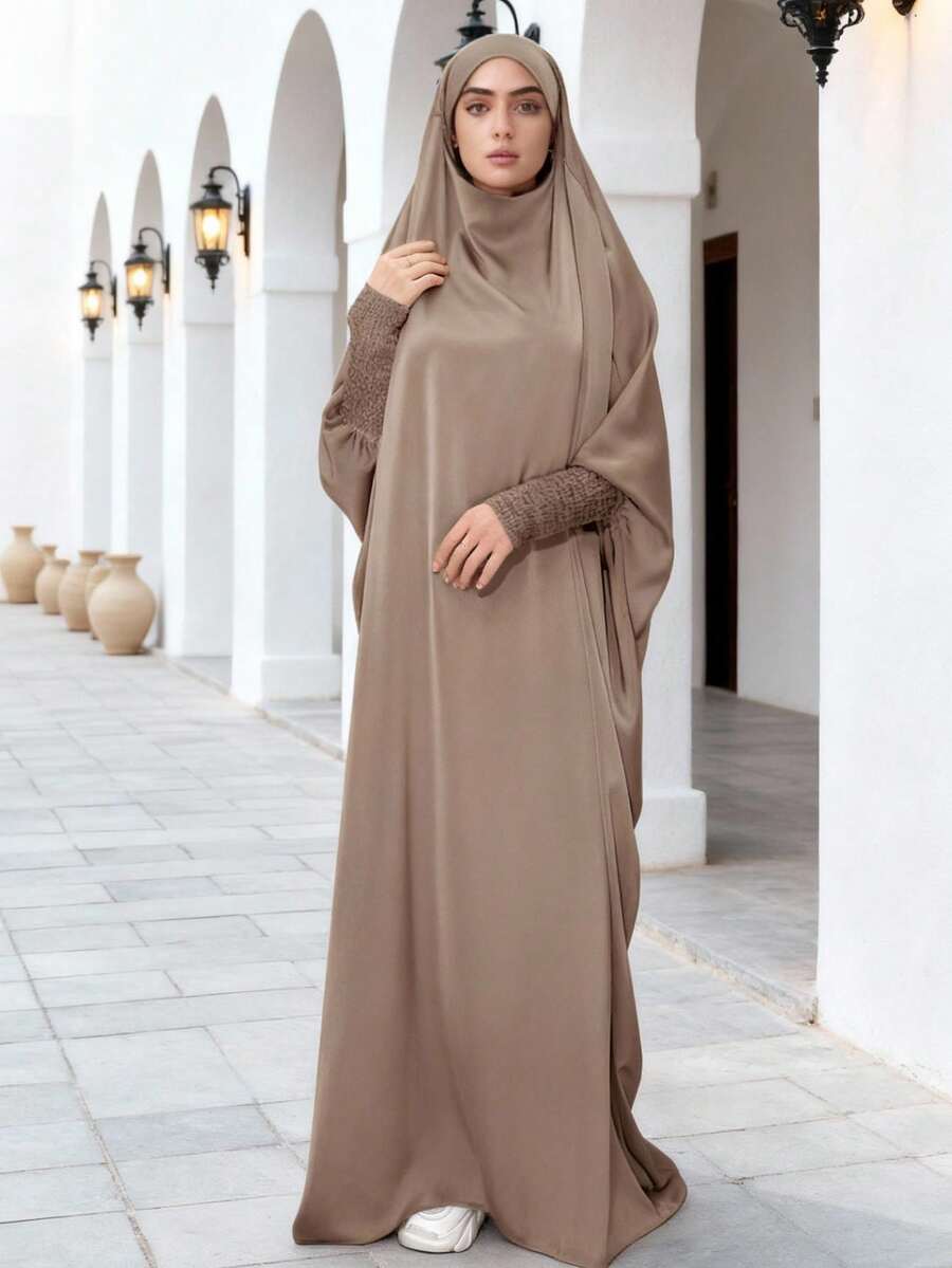 1 Stück modische & elegante lässige Abaya mit Kopftuch, vielseitiger langer Mantel geeignet für Feste, Zuhause, Lässig und Urlaub - Khaki - Übersicht 1