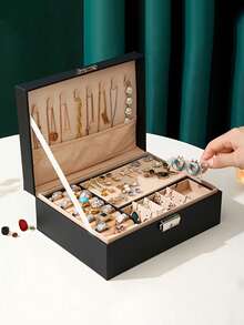 New Large Capacity Lockable Jewelry Box, Double Layer High Capacity Jewelry Storage Box, Luxury PU Leather Jewelry Organizer Box, Desktop Drawer Storage Box For Necklaces, Earrings, Rings, Watches, Accessories, Home Decor, Vanity Tray, Holiday Gift, Gift For Her, Christmas Gift