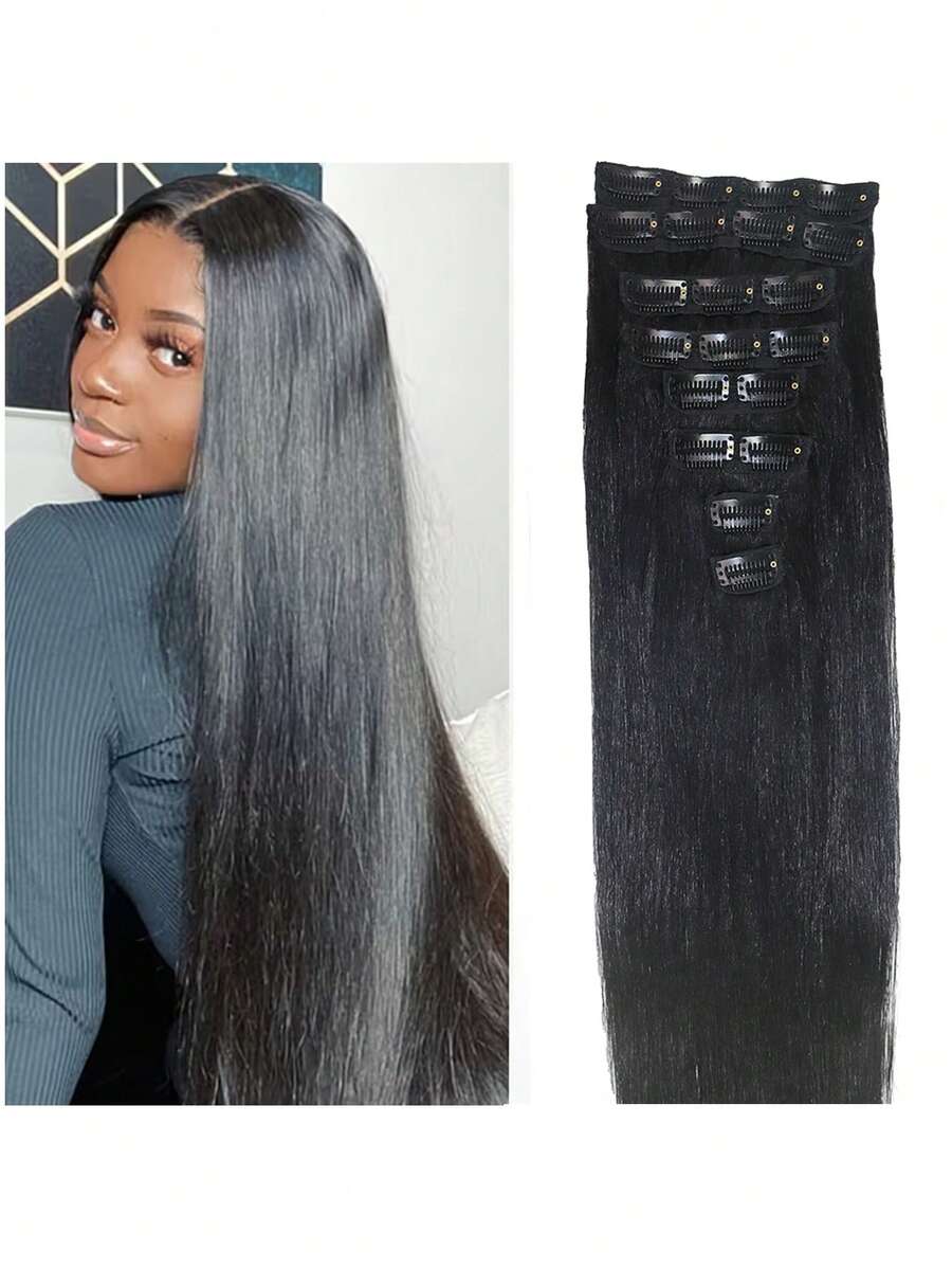 夹式接发片，真人发接发片，自然黑色，圣诞装饰夹式接发片，8片装黑色直发夹式接发片，自然直发接发片，夹式真人发圣诞礼物，适合女性，节日送礼佳品