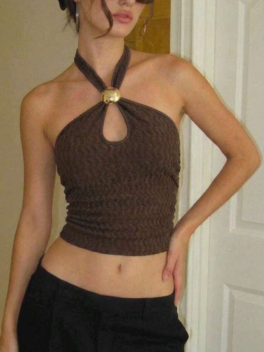 Da Jade Women's Fashionable Casual Backless Cropped Halter Neck Tank Top - Brown - View 1