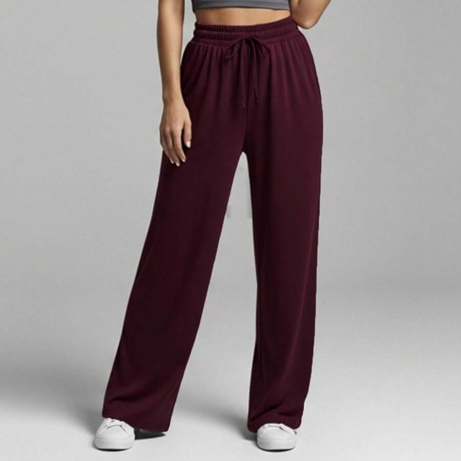 Comfortable Women's Wide-Leg Sweatpants, Soft, Structured Fit, Casual, Basic, Plain, With A Faux Drawstring. - Màu Đỏ Sâu - Xem 1