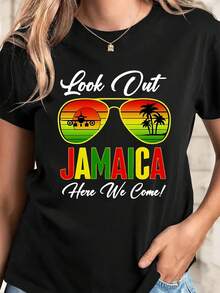 Women's Casual Short-Sleeve T-Shirt, Medium Stretch, Round Neck With Retro Jamaica Pattern, All-Season Clothing, 100% Cotton - 黑色 - 查看 1