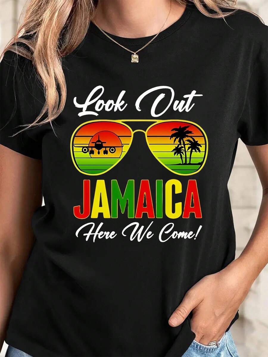 Women's Casual Short-Sleeve T-Shirt, Medium Stretch, Round Neck With Retro Jamaica Pattern, All-Season Clothing, 100% Cotton - 黑色 - 查看 1
