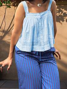 Women Camisole, Sleeveless Tops Lace Trim Button Closure Loose Summer Vest for Party Club - Azul - Ver 4