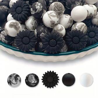 25 pezzi Perline in silicone con stampa a margherita nera - Kit fai-da-te per portachiavi, braccialetti e braccialetti in stile punk per regali di Ognissanti e Natale