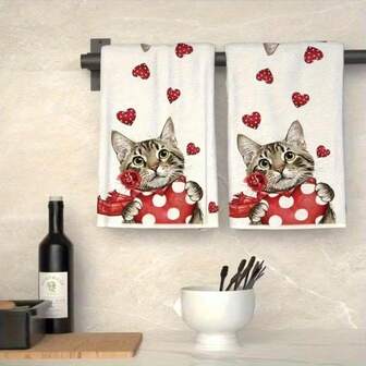 2/4pcs Heart-Shaped Cat Kitchen Towels, Cartoon Kitty Heart Design, Reusable Washable Hand Towels For Home, Kitchen, Bathroom, Car, Window Cleaning - Soft Knitted Dish Cloths, Valentine's Day Decor