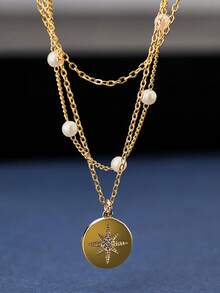 时尚叠层设计铜质圆形吊坠项链，镶嵌立方氧化锆和白色仿珍珠，适合女性日常和度假佩戴。 - 金黃色 - 查看 5