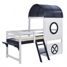 Letto a castello, letto a soppalco, letto per bambini con tetto e finestra, cassetto inferiore con rotelle, pratica scaletta inclinata a due gradini, pino + MDF + compensato, bianco + blu scuro, 90 x 200 cm - Bianco + Blu scuro - Visualizzare 11