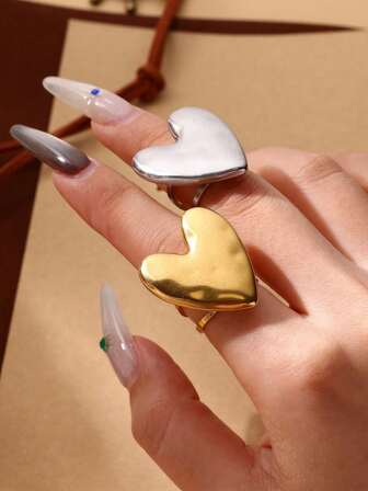 1 PC Big Heart Rings For Women Stainless Steel Gold Color Ring 2025 Fashion Wedding Couple Jewelry