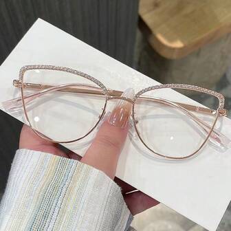1 par de gafas de mujer con montura de metal de ojo de gato multicolor, con cristales de imitación, estilo vintage minimalista, con patillas flexibles para uso casual diario, de moda