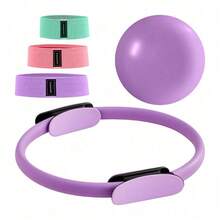 14 Inch Pilates Circle Set, Double-Layer Thick Handle, 3 Resistance Bands (20/30/45 Pounds), Anti Slip Mini Ball+Storage Bag, Including Training Guide - Purple - View 2