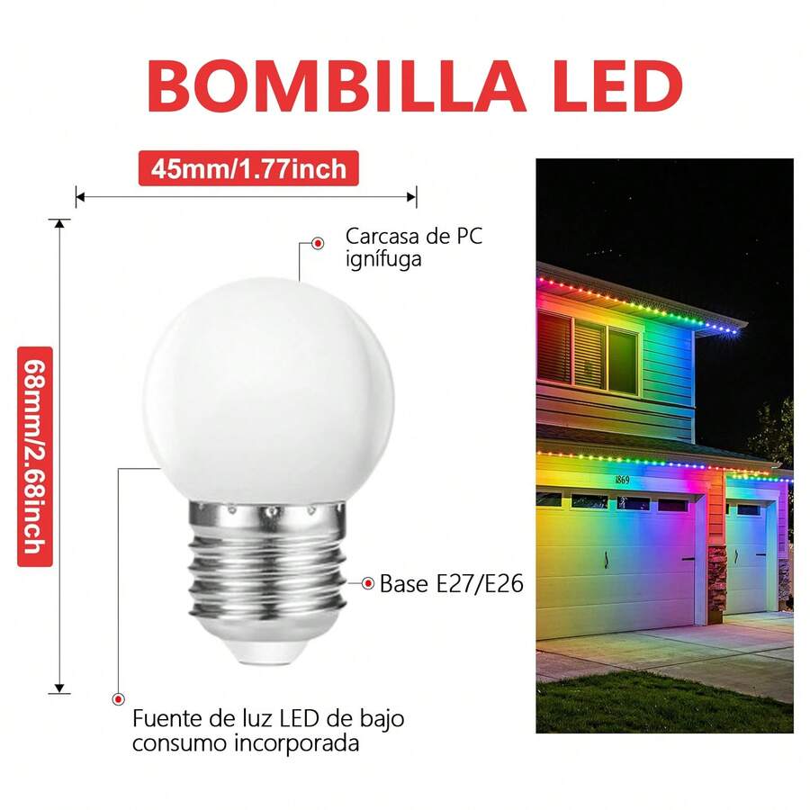 LUCASA Pack 10 Focos Led Mini Bombilla De Colores G45 Base E27 E26, Bombillas LED de colores, foco E27 pequeña, foco LED G45 de 1 W, morado, amarillo, verde, rojo, azul, para recámara, boda, Halloween, fiesta de Navidad, bar, decoración de estado de ánimo, paquete de - BLANCA - Ver 1