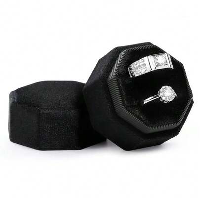 Etercycle Velvet Ring Box, Octagon Gorgeous Vintage Double Jewelry Ring Gift Box With Detachable Lid For Proposal Engagement Wedding Ceremony (Black),Black