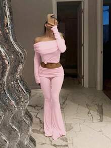 Women's Pleated Black Fungus Edge Long Sleeved Top, Low Waisted Flared Pants Set, For School Opening Ceremony, Graduation Season, Evening Date, Valentine's Day Women's Two Pieces Set - Baby Pink - View 3