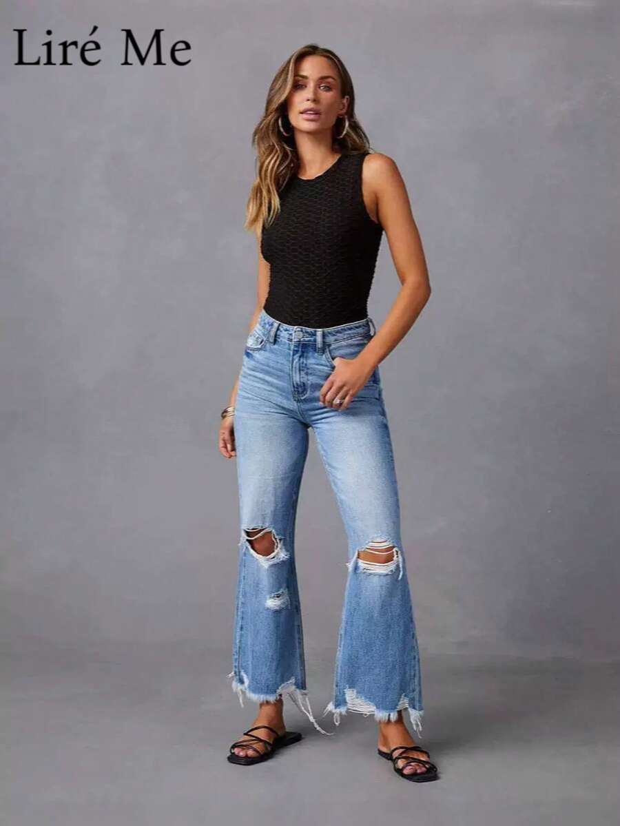 Liré Me 1pc Women'S High-Waisted Ripped Denim Jeans, Wide Leg Fringe Detail, Casual Cotton Blend Straight Leg Pants, All-Season Solid Color With Slight Stretch - 藍色 - 查看 1