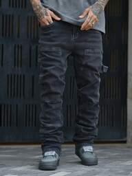 Devon Thys Men's Washed Solid Black & Grey Elastic Patchwork Straight Loose High Street Korean Style Y2K Denim Jeans