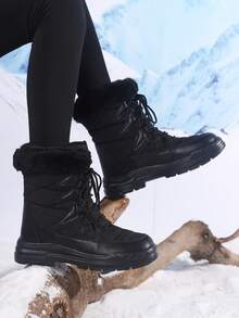 女士系带高帮靴，保暖雪地靴，中筒冬季鞋，户外休闲运动靴 - 黑色 - 查看 2
