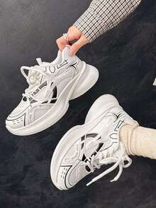 撞色纯色学院风休闲运动鞋，四季皆宜，情侣款，厚底厚底运动鞋，皮革与网布拼接，白色透气百搭时尚网布鞋，户外运动跑步鞋 - 白色 - 查看 1