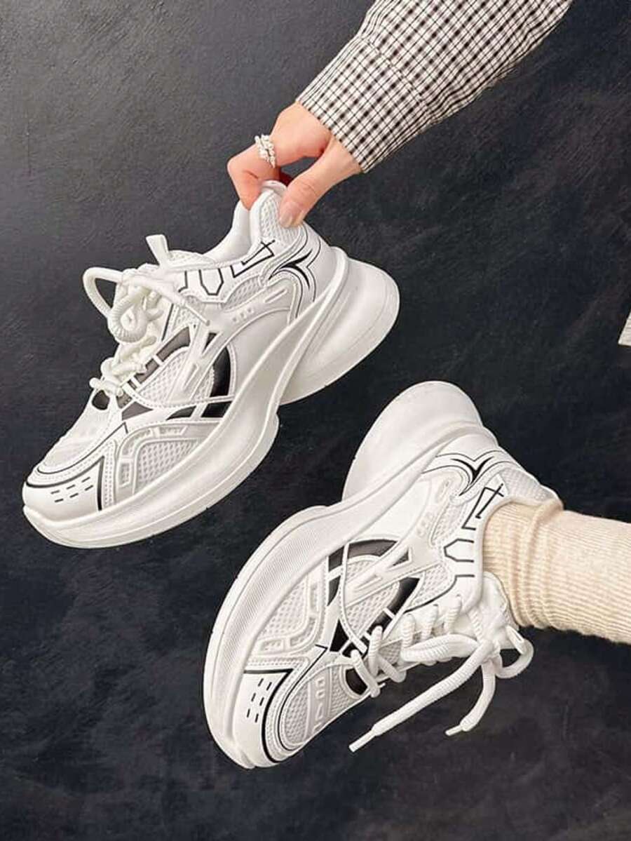 撞色纯色学院风休闲运动鞋，四季皆宜，情侣款，厚底厚底运动鞋，皮革与网布拼接，白色透气百搭时尚网布鞋，户外运动跑步鞋 - 白色 - 查看 1