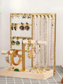 1pc Elegant Jewelry Organizer, 4-Tier Earring Holder With 48 Holes, 6 Hooks Necklace Storage, Stylish Wood Box For Bracelets & Rings, Perfect Gift For Mother's Day, Preppy Room Dr, Ideal For Valentine's Day, Thanksgiving, And Christmas Celebrations, Enhance Your Space With Functional And Chic Accessories, Must-Have For Fashion Lovers And Jewelry Enthusiasts, Organize Your Treasures In Style, Perfect For Gifting And Personal Use, Elevate Your Home Dr With This Versatile Jewelry Storage Solution.,Room Décor - Multicolor - View 13