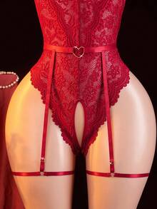 New Sexy Lingerie Set For Women, Triangle Cup Adjustable Criss-Cross Strap Single-Row Snap Backless Bodysuit, Semi-Sheer Lace Crotchless Bodystocking With Adjustable Waist Belt And Leg Garters - Burgundy - View 5