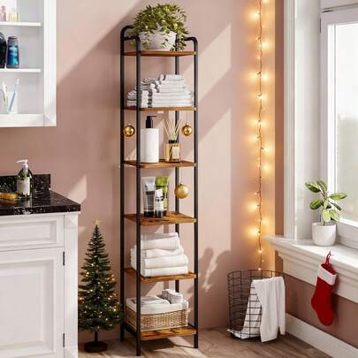 Bookcase Bookshelf, Narrow Book Shelf, Industrial Corner Shelf Storage Organizer, Slim Shelving Unit For Home Office, Living Room, Bedroom, Kitchen, 5-Tier/6-Tier Rustic Brown And Black