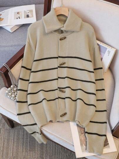 Fashionable Striped Turndown Collar Knit Cardigan Women, Loose Fit Ox Horn Button Jacket, Korean Soft Style Niche Design Slimming Versatile Top