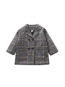 Toddler Kids Trench Coat Baby Girl Boy Lapel Double Breasted Wool Pea Coat Outwear Winter Warm Overcoat Jacket Baby Woolen Coat With Plaid Pattern Double Breasted Spring Clothing - Grey - View 2