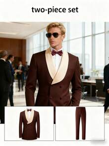 Men's 2-Piece Shawl Collar Suit - Double-Breasted Stretch For Wedding Business - Màu nâu Sô-cô-la - Xem 6