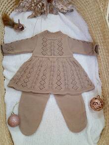 Newborn Baby Girl's Dress And Pants Set - Embroidered With Pearls - Newborn Size - 米色 - 查看 2