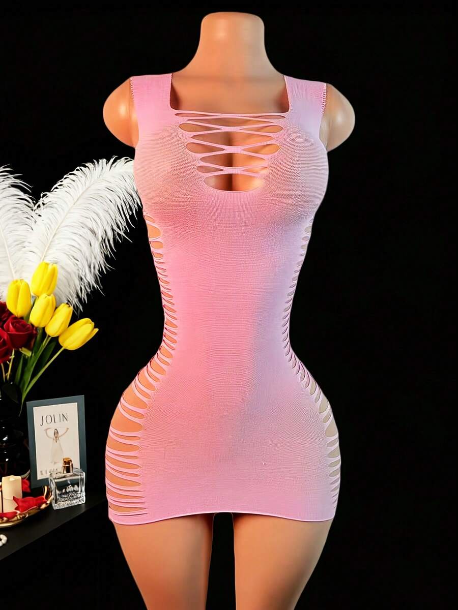 1pc Sexy Hollow Out Bodycon Mini Dress - Baby Pink - View 1
