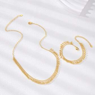 Juego de joyas de estilo europeo y americano de moda con gota de agua y borlas de aleación de cobre chapado en oro de 18K, que incluye collar y pulsera, adecuado para uso diario y accesorios de fiesta de mujeres