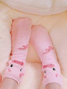 5 pares de calcetines cortos de mujer con diseño de cerditos rosas adorables, con forro de felpa grueso, cálidos y cómodos, estilo dulce y adorable, adecuados para uso diario en otoño/invierno, salidas casuales y ocio en casa, regalo perfecto para el Día de San Valentín para amantes o parejas - Rosa - Ver 1